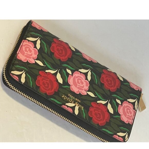 Kate Spade Morgan Large Floral Wallet Womens Black Pink Roses Continental Zip - Picture 3 of 9